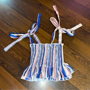Brand Unknown Blue & Pink Vertical Striped Ruffle Tank Top With Bow Tie Straps